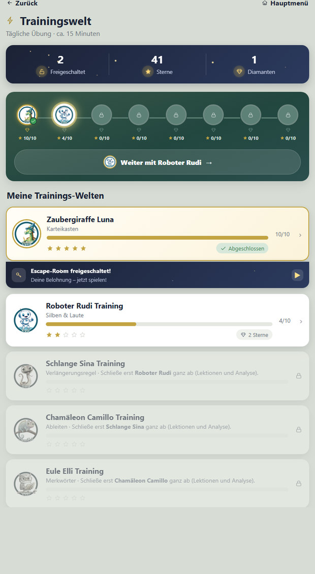 Trainingswelt der App mit Sternen, Diamanten und den freigeschalteten Tieren
