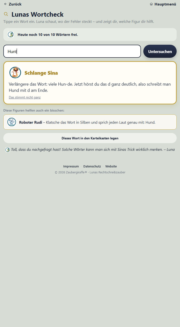 Lunas Wortcheck: Das Kind tippt ein Wort ein und Luna zeigt, welche Figur hilft